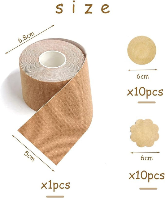 1 Roll of 5cm×5M Skin Tone Invisible Breast Lifting Tape and 10 Pairs of Disposable Nipple Patches, Nipple Silicone Cover Invisible Breast Patches, Sports Strapless Invisible Bra